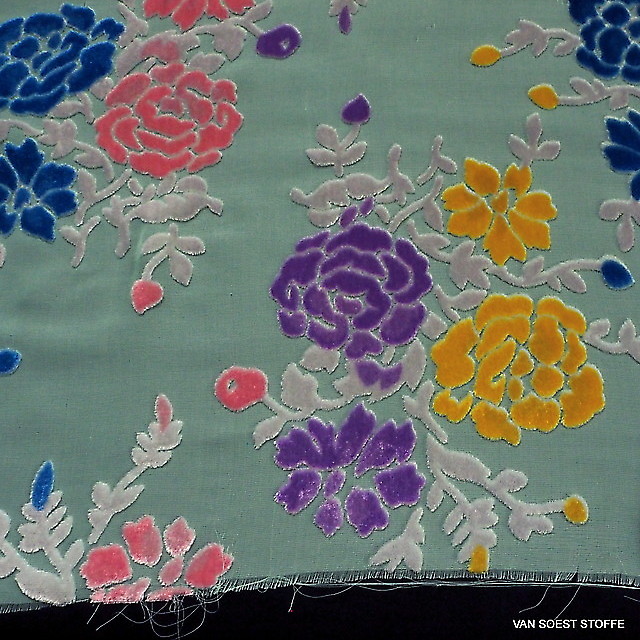 Velvet burnout silk-viscose roses in rose-grey-bleu-yellow-lilac-