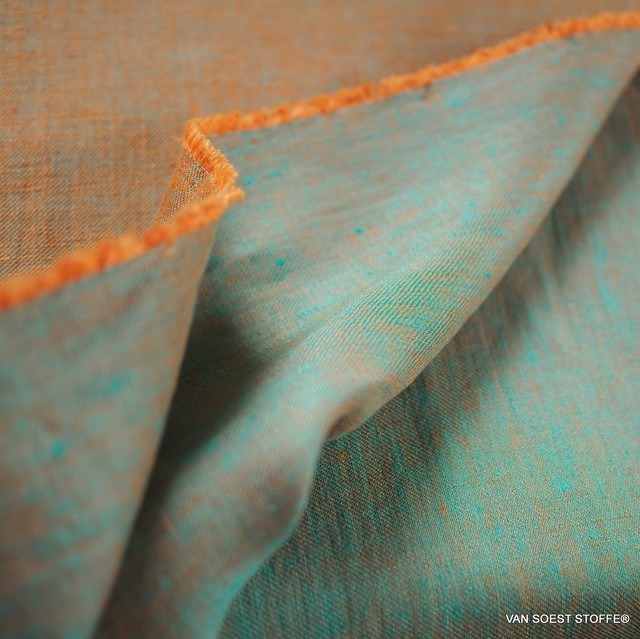 100% linen, twill 2Tone effect can be used on both sides orange/mintgreen