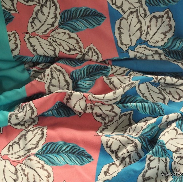 100% Tencel™ fancy leaf print design in aqua-rose | View: 100% Tencel™ fancy leaf print design in aqua-rose