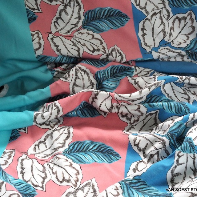 100% Tencel™ fancy leaf print design in aqua-rose