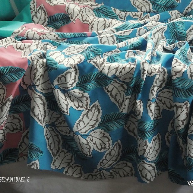 100% Tencel™ fancy leaf print design in aqua-rose | View: 100% Tencel™ fancy leaf print design in aqua-rose