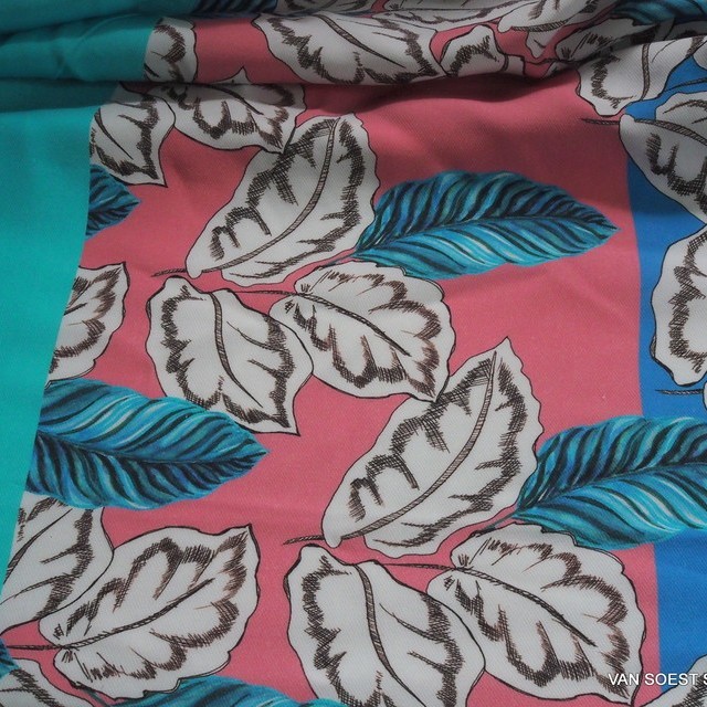 100% Tencel™ fancy leaf print design in aqua-rose | View: 100% Tencel™ fancy leaf print design in aqua-rose