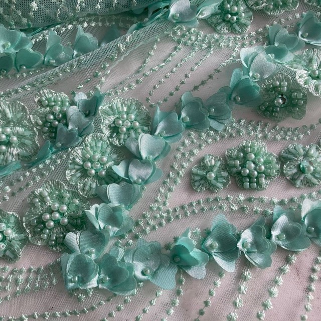 Mint pearls embroidered flowers - & tendrils  3D leaf on tulle