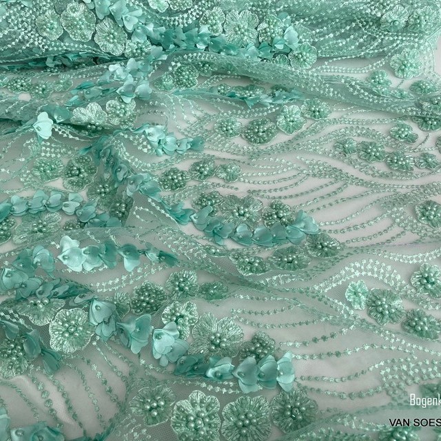 Mint pearls embroidered flowers - & tendrils  3D leaf on tulle | View: Mint with pearls embroidered flowers - & tendrils incl. textile 3D leaf tendrils on tulle