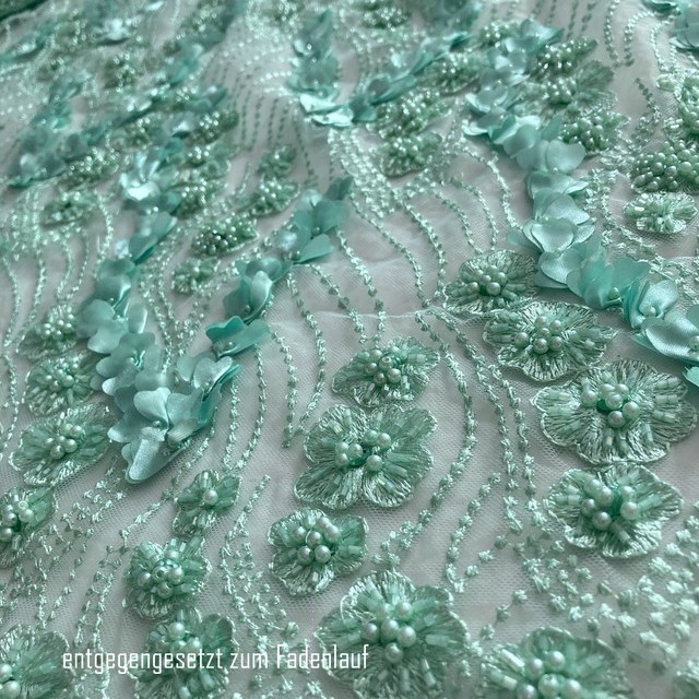 Mint pearls embroidered flowers - & tendrils  3D leaf on tulle | View: Mint with pearls embroidered flowers - & tendrils incl. textile 3D leaf tendrils on tulle