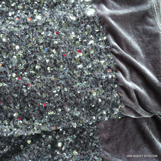 3-D stretch silver sequins on soft stretch light velvet | View: 3-D stretch silver sequins on soft stretch light velvet