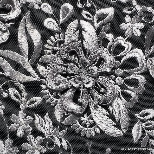 3D Couture flower embroidery in silver gray | View: 3D Couture flower embroidery in silver gray