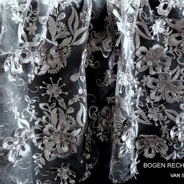 3D Couture flower embroidery in silver gray | View: 3D Couture flower embroidery in silver gray