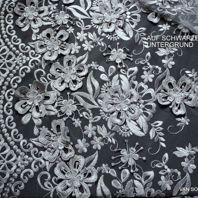 3D Couture flower embroidery in silver gray