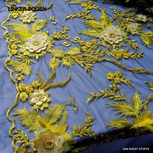 3-D Couture lace with pearls, feathers and 3-D flowers in yellow-black