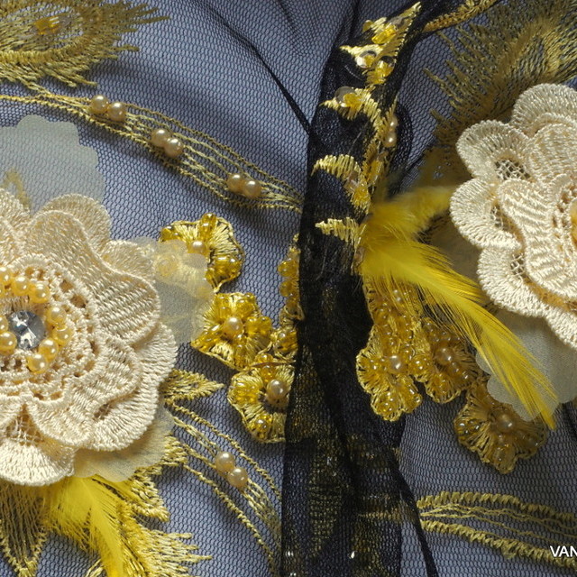 3-D Couture lace with pearls, feathers and 3-D flowers in yellow-black