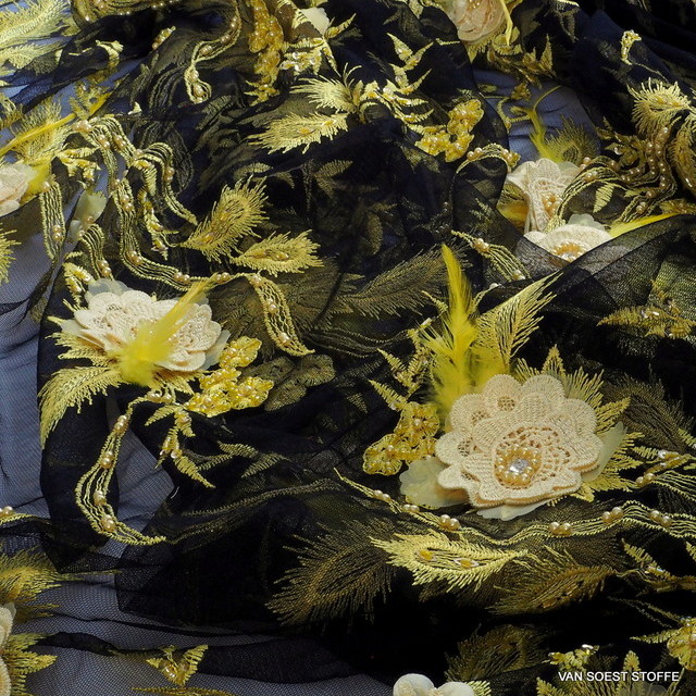 3-D Couture lace with pearls, feathers and 3-D flowers in yellow-black