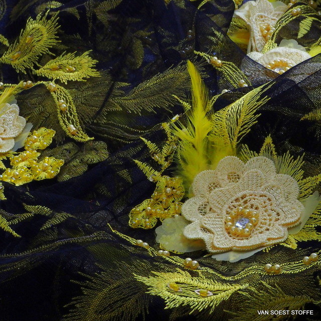 3-D Couture lace with pearls, feathers and 3-D flowers in yellow-black