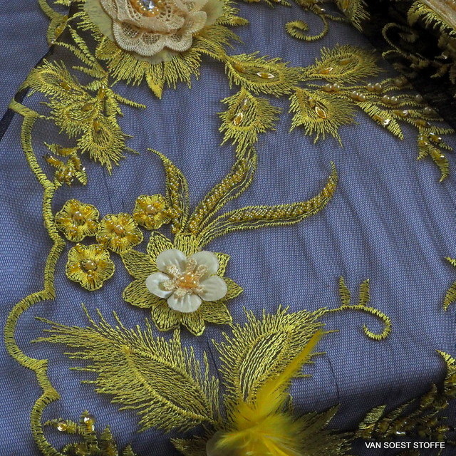 3-D Couture lace with pearls, feathers and 3-D flowers in yellow-black