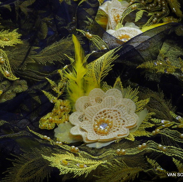 3-D Couture lace with pearls, feathers and 3-D flowers in yellow-black