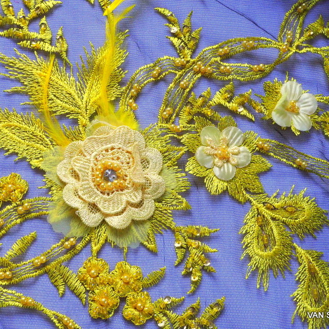 3-D Couture lace with pearls, feathers and 3-D flowers in yellow-black