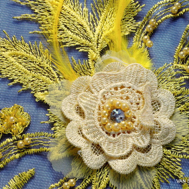 3-D Couture lace with pearls, feathers and 3-D flowers in yellow-black