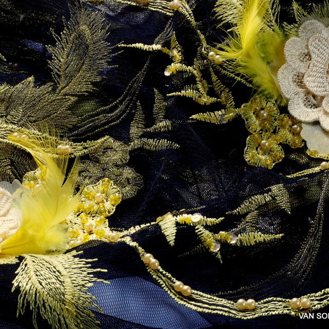 3-D Couture lace with pearls, feathers and 3-D flowers in yellow-black