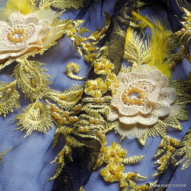 3-D Couture lace with pearls, feathers and 3-D flowers in yellow-black