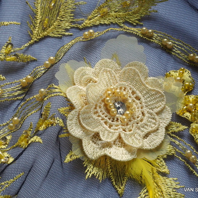 3-D Couture lace with pearls, feathers and 3-D flowers in yellow-black