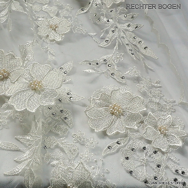 3D Perlen und Straß Couture Spitze in Weiß