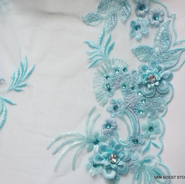 Swarovski 3D lace with rhinestones and sequins in aqua blue | View: 3D lace with rhinestones and sequins in aqua blue