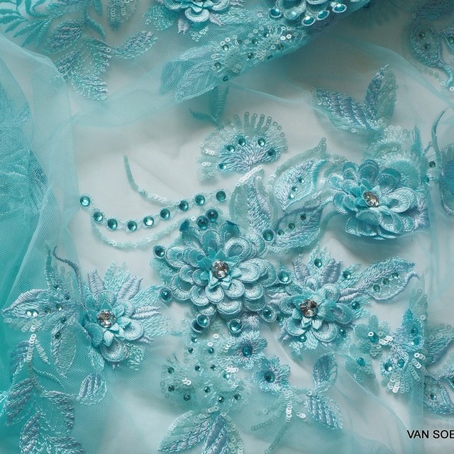 Swarovski 3D lace with rhinestones and sequins in aqua blue