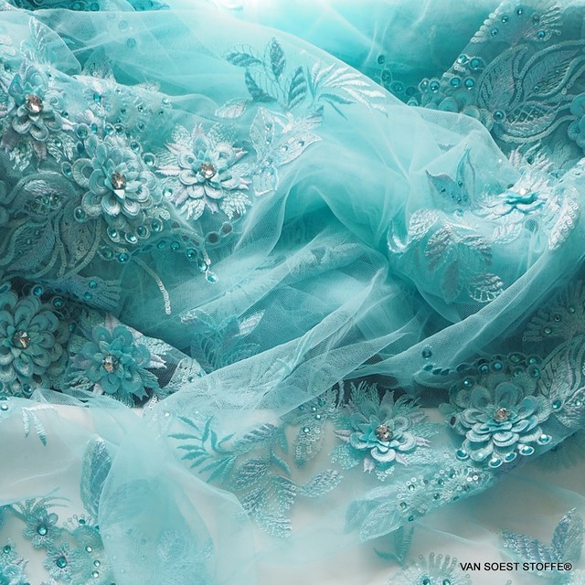 Swarovski 3D lace with rhinestones and sequins in aqua blue | View: 3D lace with rhinestones and sequins in aqua blue