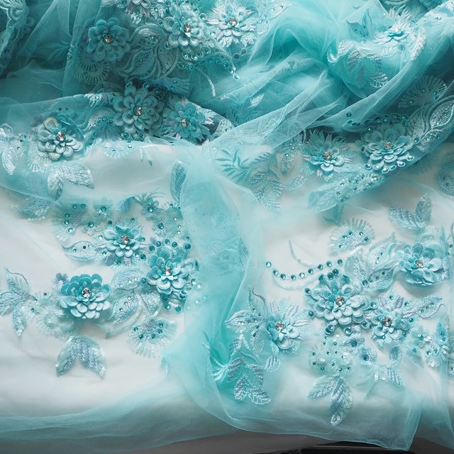 Swarovski 3D lace with rhinestones and sequins in aqua blue | View: 3D lace with rhinestones and sequins in aqua blue