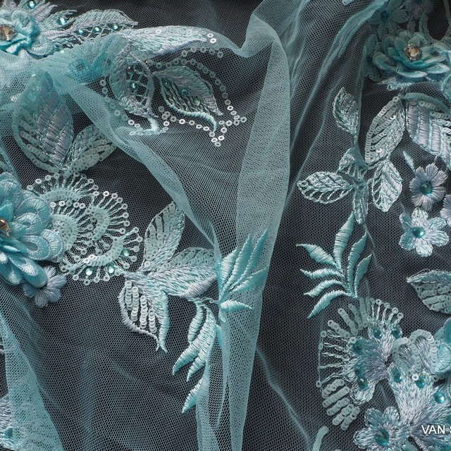 Swarovski 3D lace with rhinestones and sequins in aqua blue | View: 3D lace with rhinestones and sequins in aqua blue