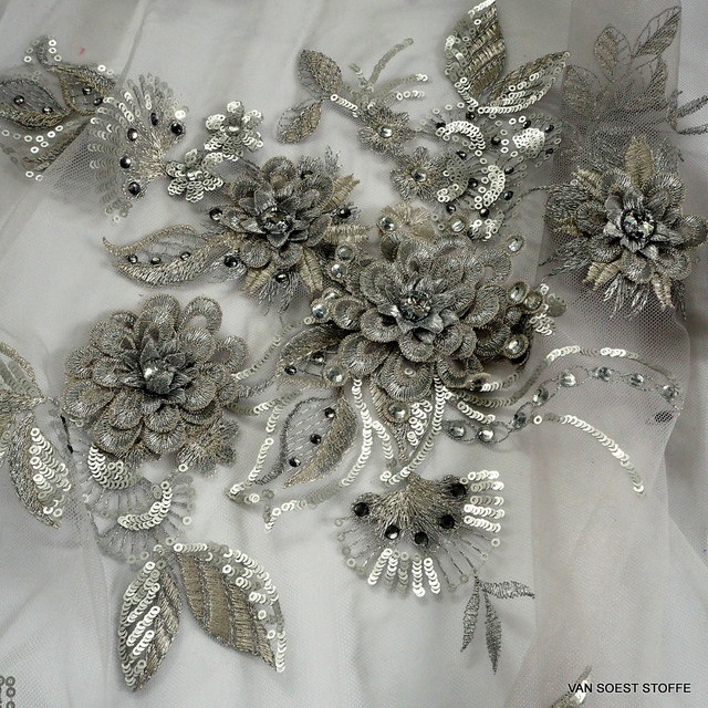 3D lace with rhinestones and sequins in silver | View: 3D lace with rhinestones and sequins in silver