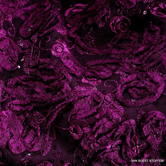 3D Spitzenranken & Stickerei Rosen-Blüten mit glänzenden Minipailletten