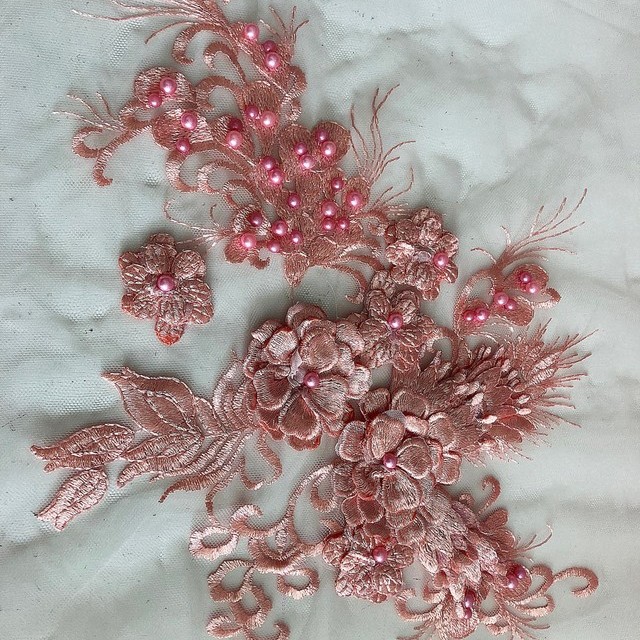 Old rose colors lace flowers & leaves with 3D flowers & large beads on tulle | View: Old rose colors lace flowers & leaves with 3D flowers & large beads on tulle