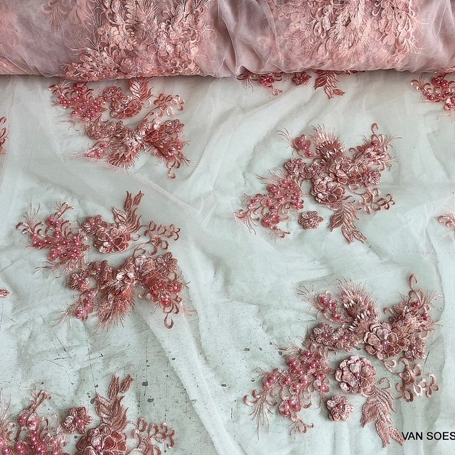 Old rose colors lace flowers & leaves with 3D flowers & large beads on tulle | View: Old rose colors lace flowers & leaves with 3D flowers & large beads on tulle