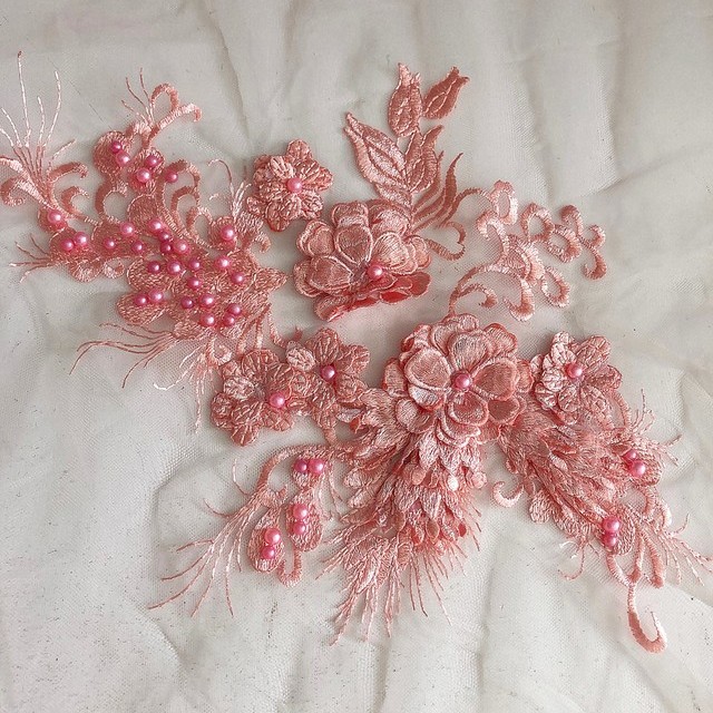 Old rose colors lace flowers & leaves with 3D flowers & large beads on tulle | View: Old rose colors lace flowers & leaves with 3D flowers & large beads on tulle