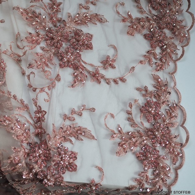 Old Rosé high quality & extraordinary lace with pearls, sequins & sticks on tulle | View: Old Rosé high quality & extraordinary lace with pearls, sequins & sticks on tulle