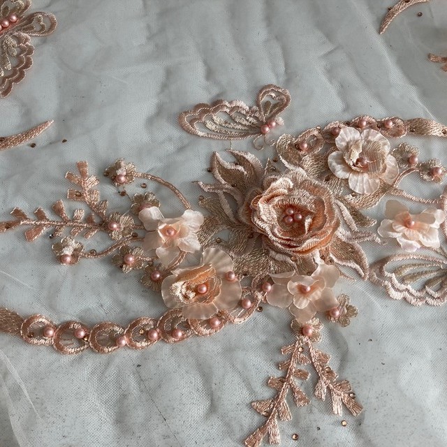 Apricot 3D flowers, leaves, butterfly embroidery & beads on tulle, tone on tone | View: Apricot 3D flowers, leaves, butterfly embroidery & beads on tulle, tone on tone