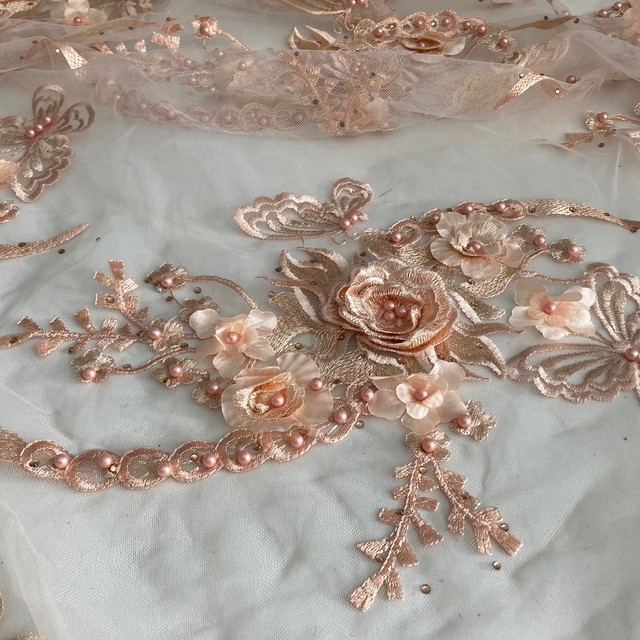 Apricot 3D flowers, leaves, butterfly embroidery & beads on tulle, tone on tone | View: Apricot 3D flowers, leaves, butterfly embroidery & beads on tulle, tone on tone