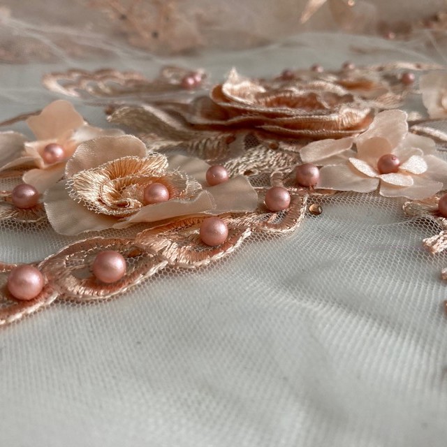 Apricot 3D flowers, leaves, butterfly embroidery & beads on tulle, tone on tone | View: Apricot 3D flowers, leaves, butterfly embroidery & beads on tulle, tone on tone