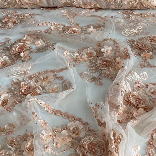 Apricot 3D flowers, leaves, butterfly embroidery & beads on tulle, tone on tone | View: Apricot 3D flowers, leaves, butterfly embroidery & beads on tulle, tone on tone