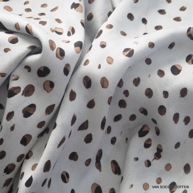 super nice soft 100% viscose print in light gray with earth tone fantasy dots