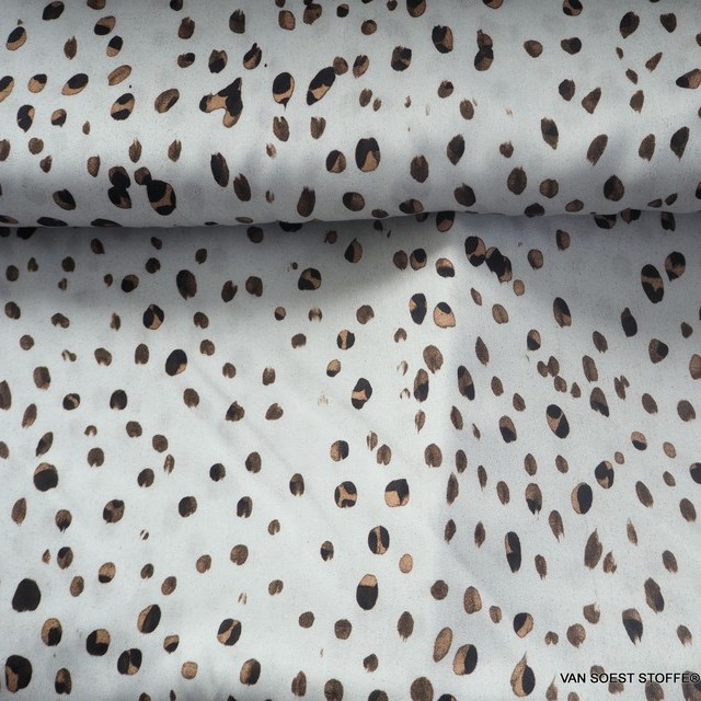 super nice soft 100% viscose print in light gray with earth tone fantasy dots | View: super nice soft 100% viscose print in light gray with earth tone fantasy dots