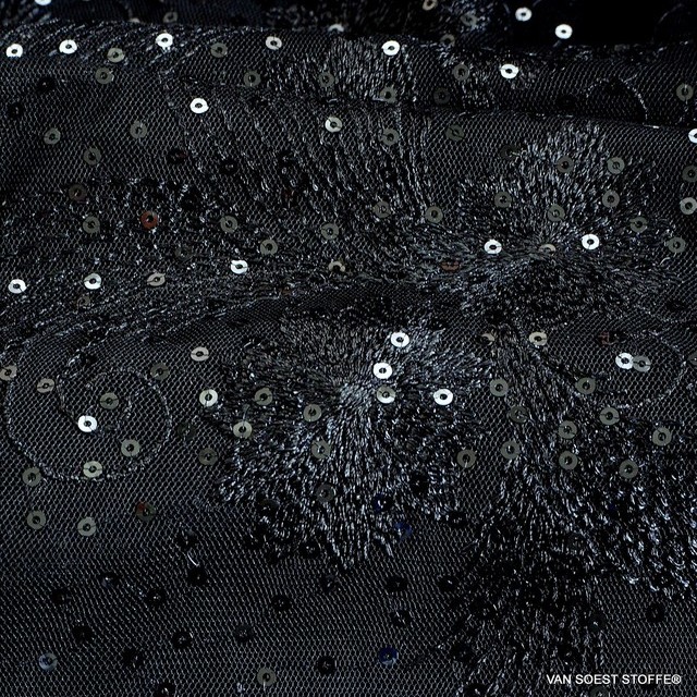 Leaves flowers fantasy with mini sequins on soft tulle in black and black | View: Leaves flowers fantasy with mini sequins on soft tulle in black and black