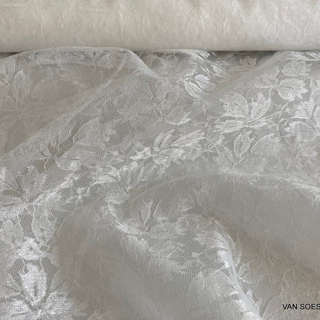 leaf jacquard 100% nylon tulle non-stretch in pure white | View: leaf jacquard 100% nylon tulle non-stretch in pure white