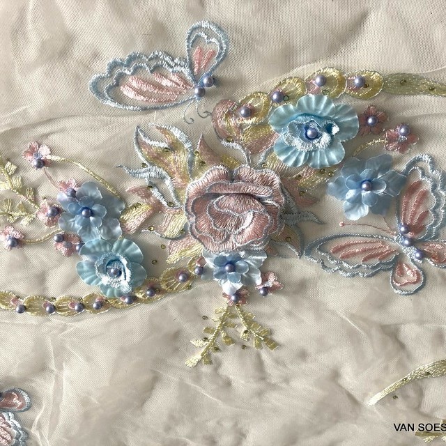 Blue purple yellow 3D flowers, leaves, butterfly embroidery & beads on tulle, multicolor | View: Blue purple yellow 3D flowers, leaves, butterfly embroidery & beads on tulle, multicolor