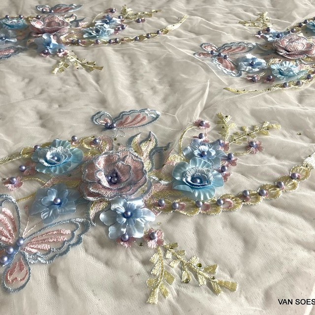 Blue purple yellow 3D flowers, leaves, butterfly embroidery & beads on tulle, multicolor | View: Blue purple yellow 3D flowers, leaves, butterfly embroidery & beads on tulle, multicolor