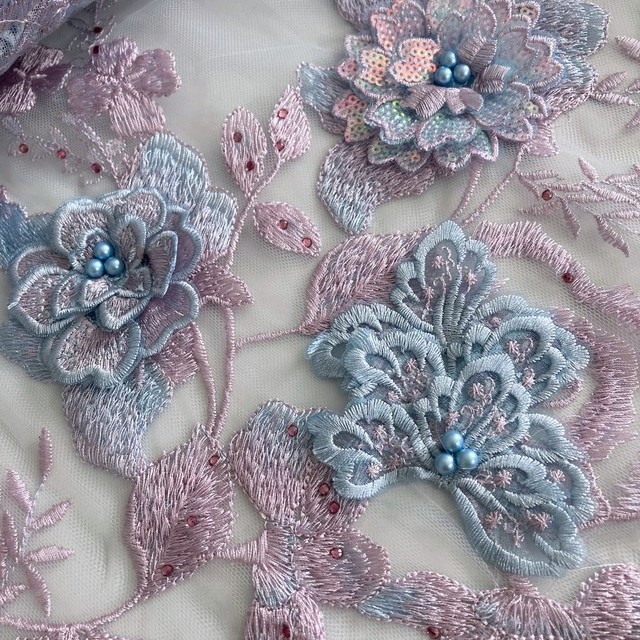 Blue-purple colors lace flowers & leaves with 3D flowers, sequins, rhinestones & beads on tulle