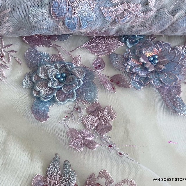 Blue-purple colors lace flowers & leaves with 3D flowers, sequins, rhinestones & beads on tulle | View: Blue-purple colors lace flowers & leaves with 3D flowers, sequins, rhinestones & beads on tulle