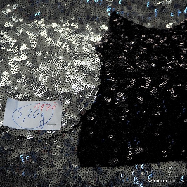 Opaque shiny mini sequins in silver on black stretch jersey | View: Opaque shiny mini sequins in silver on black stretch jersey