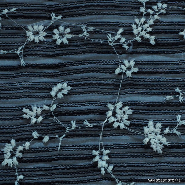 Mini flower embroidery on striped organza in deep black